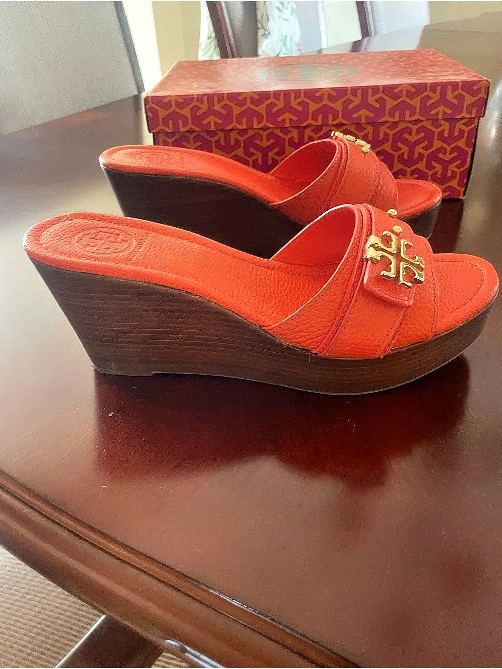 Tory Burch Elina 80mm Wedge Sandals Orange US 9